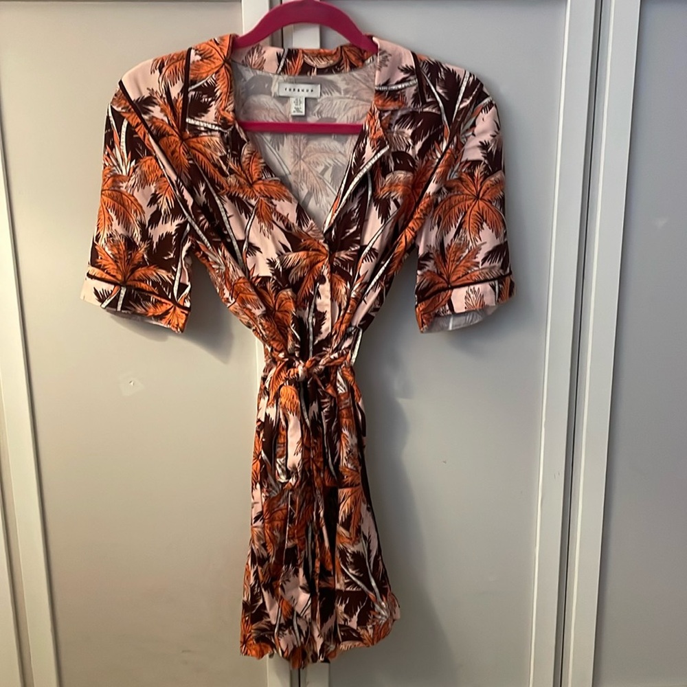 Topshop Palm Tree Print Button Down Collared Romper with Tie at Waist Size 2